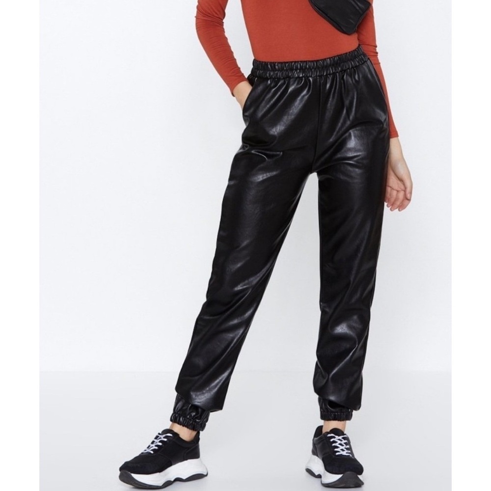 Nasty Gal Collection Black Vinyl Analysis Pants Joggers Elastic Waist Size 6 NWT